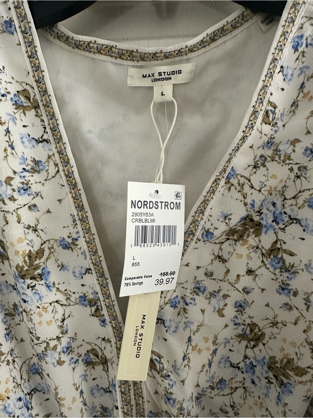 Max Studio Floral Long Sleeve Dress  — Cream with Blue & Green Floral Print